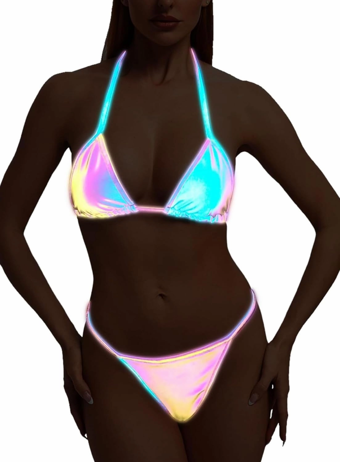 Reflective Rave Outfits for Women - Sexy Shiny Festival Halter Triangle Top Thong EDM Night Metallic Bikini Set