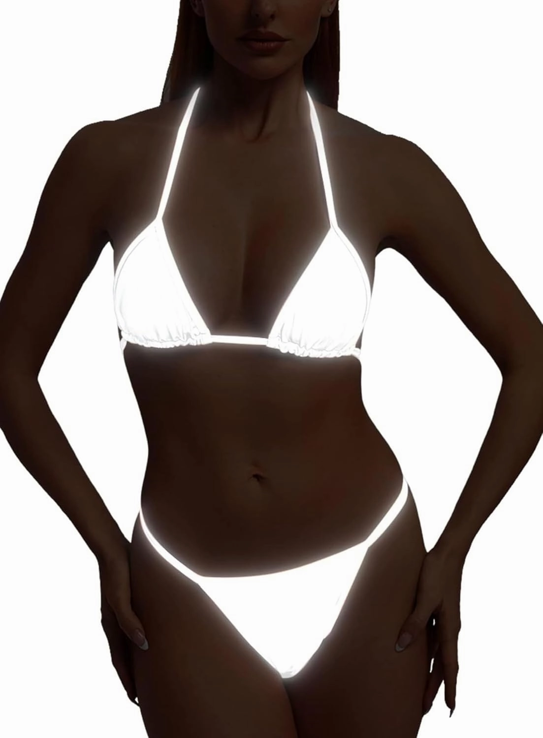 Reflective Rave Outfits for Women - Sexy Shiny Festival Halter Triangle Top Thong EDM Night Metallic Bikini Set
