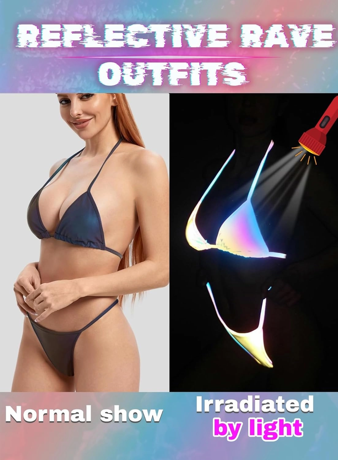Reflective Rave Outfits for Women - Sexy Shiny Festival Halter Triangle Top Thong EDM Night Metallic Bikini Set