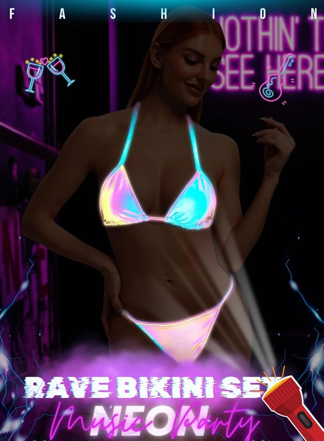 Reflective Rave Outfits for Women - Sexy Shiny Festival Halter Triangle Top Thong EDM Night Metallic Bikini Set