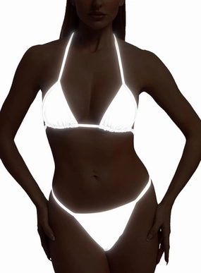 Reflective Rave Outfits for Women - Sexy Shiny Festival Halter Triangle Top Thong EDM Night Metallic Bikini Set