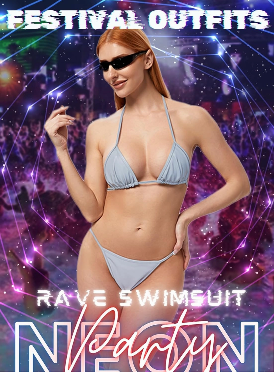 Reflective Rave Outfits for Women - Sexy Shiny Festival Halter Triangle Top Thong EDM Night Metallic Bikini Set