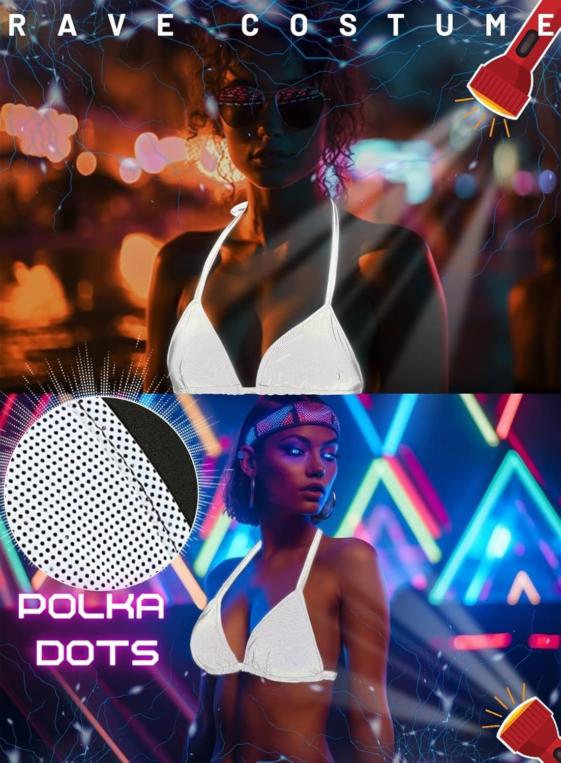 Reflective Rave Outfits for Women - Sexy Shiny Festival Halter Triangle Top Thong EDM Night Metallic Bikini Set