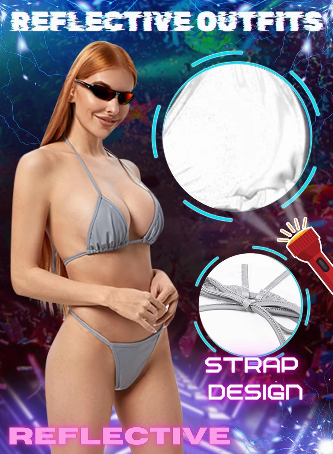 Reflective Rave Outfits for Women - Sexy Shiny Festival Halter Triangle Top Thong EDM Night Metallic Bikini Set