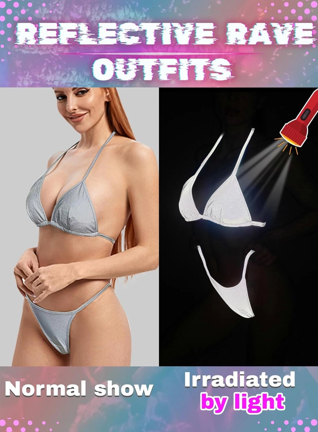 Reflective Rave Outfits for Women - Sexy Shiny Festival Halter Triangle Top Thong EDM Night Metallic Bikini Set