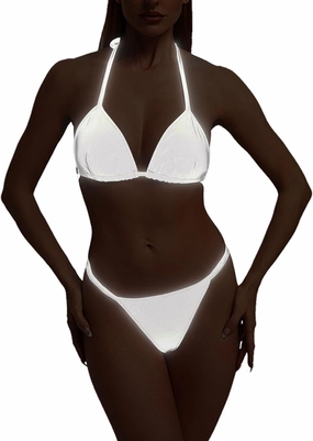 Reflective Rave Outfits for Women - Sexy Shiny Festival Halter Triangle Top Thong EDM Night Metallic Bikini Set