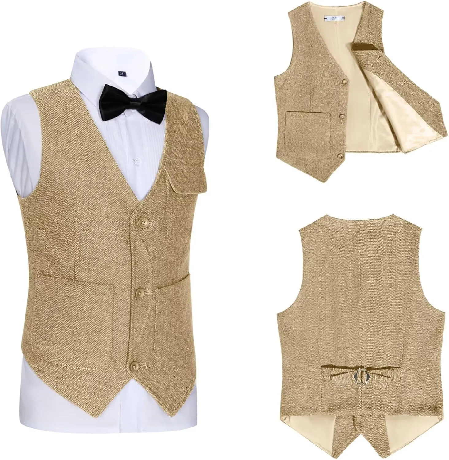 Retro Boys Tweed Vest for Kids Formal Dress Herringbone Suit Vest for Toddler Boy Wedding Waistcoat