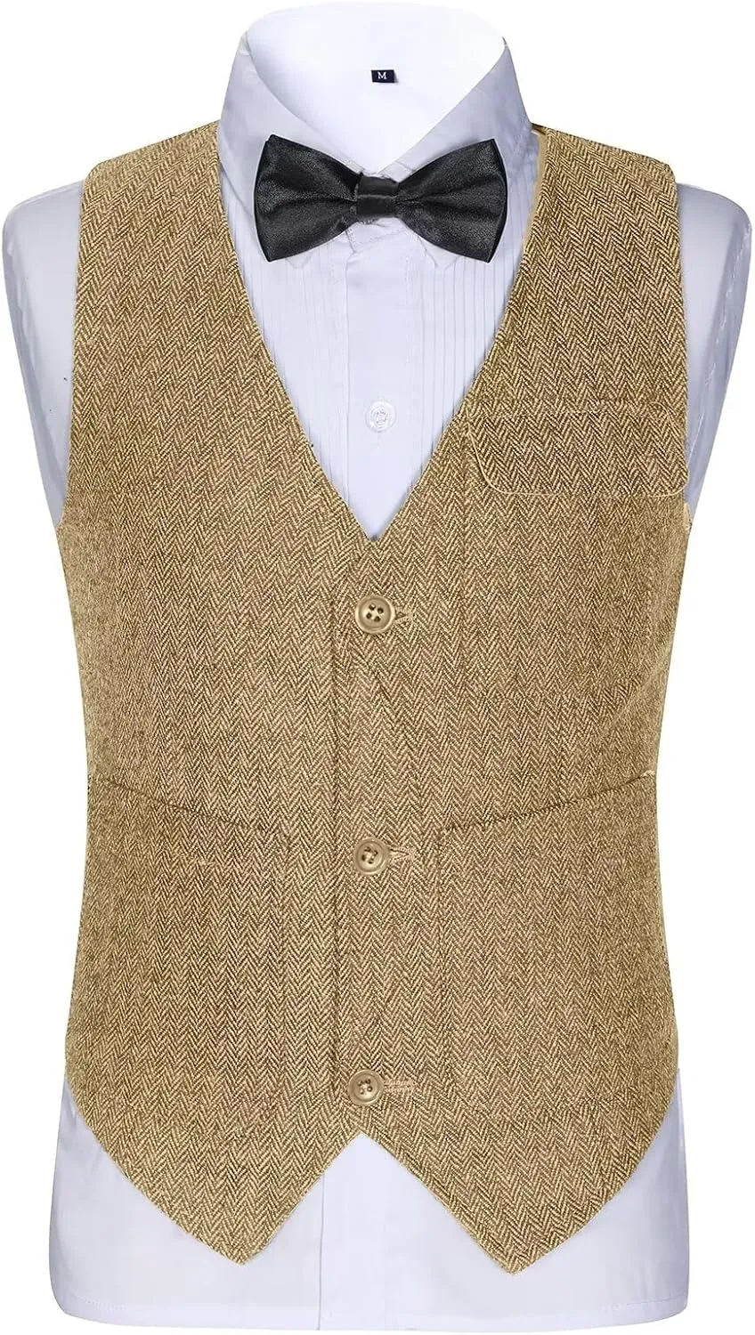 Retro Boys Tweed Vest for Kids Formal Dress Herringbone Suit Vest for Toddler Boy Wedding Waistcoat