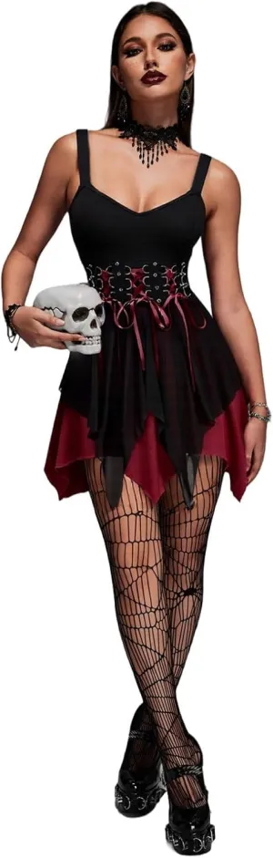 Retro Womens Dress Vampire Backless Sleeveless Gothic Lace-up D-Ring Backless Vintage Punk Mini Dress