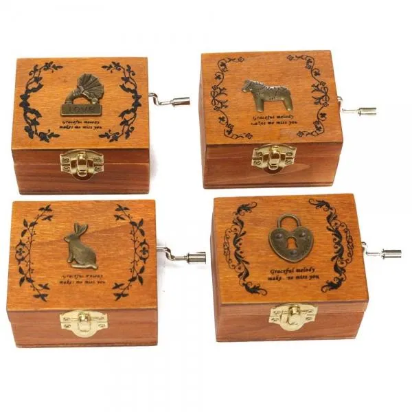 Retro Wooden Novelty Hand Crank DIY Slide Drawer Music Box Birthday Gift - Horse