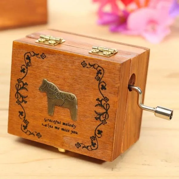Retro Wooden Novelty Hand Crank DIY Slide Drawer Music Box Birthday Gift - Horse