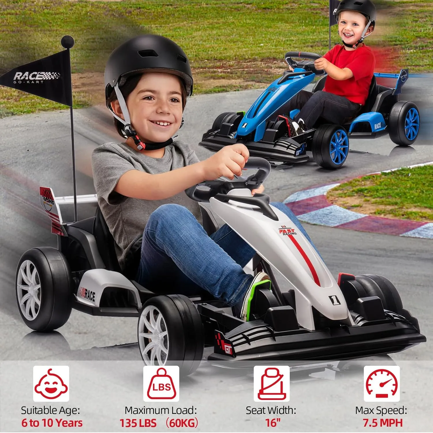 Ride On Go Kart for Kids, 24V 7Ah Battery Two 200W Motors, 7.5MPH Fast Drifting Circling Car, Adjustable Seat Electric Ride Toy,Max Load 135lbs, Racing Toy for Kids 6  Years,White