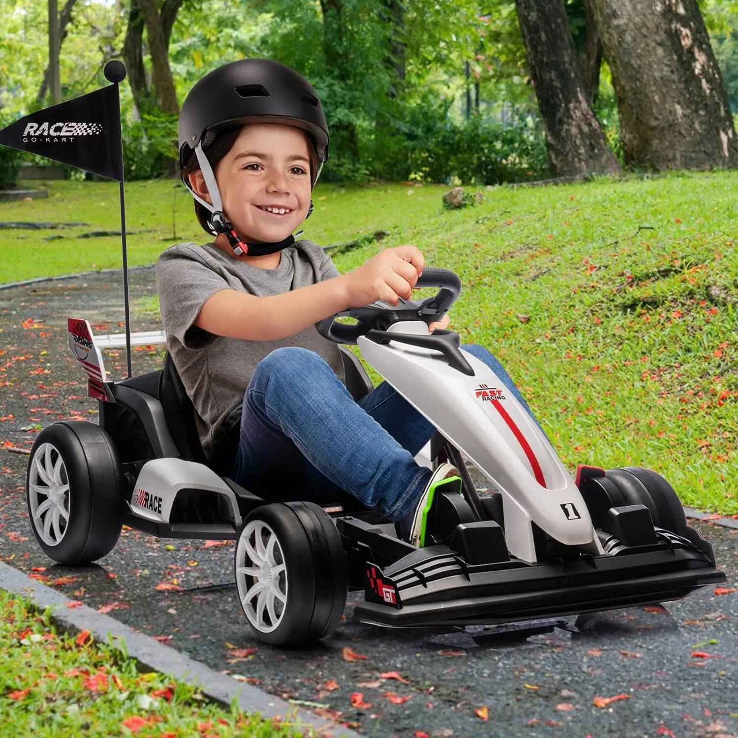 Ride On Go Kart for Kids, 24V 7Ah Battery Two 200W Motors, 7.5MPH Fast Drifting Circling Car, Adjustable Seat Electric Ride Toy,Max Load 135lbs, Racing Toy for Kids 6  Years,White