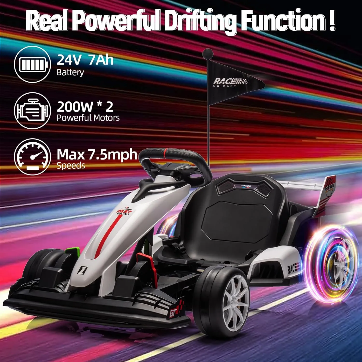 Ride On Go Kart for Kids, 24V 7Ah Battery Two 200W Motors, 7.5MPH Fast Drifting Circling Car, Adjustable Seat Electric Ride Toy,Max Load 135lbs, Racing Toy for Kids 6  Years,White