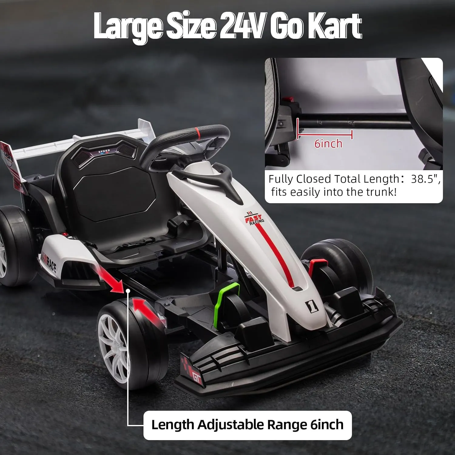 Ride On Go Kart for Kids, 24V 7Ah Battery Two 200W Motors, 7.5MPH Fast Drifting Circling Car, Adjustable Seat Electric Ride Toy,Max Load 135lbs, Racing Toy for Kids 6  Years,White