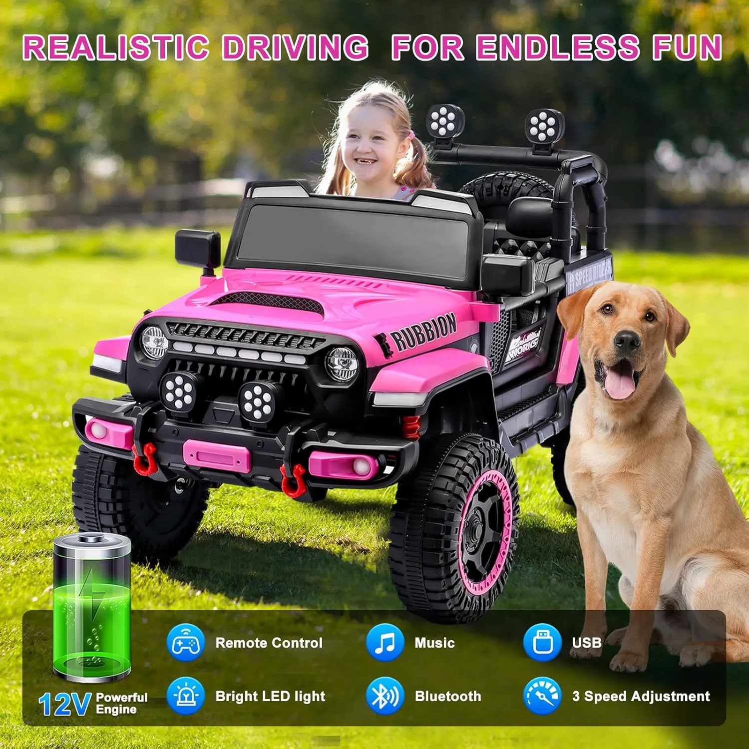 Ride-On Jeep for Kids with Seat Belt: 12V Ride on Car Electric Truck w/Remote & Manual Control Modes,Music Panel,Bluetooth,USB, Battery Powered Ride on Toys for Boys Girls(Pink)