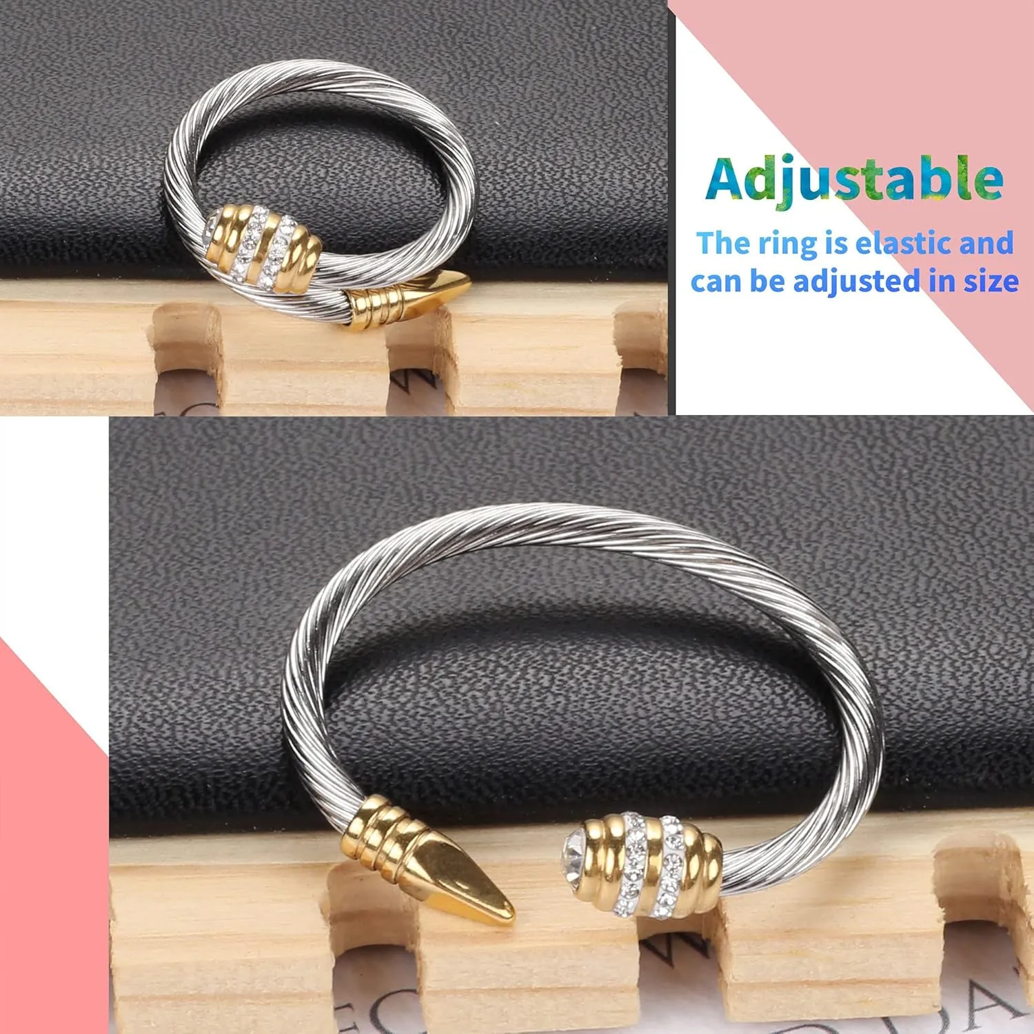 Ring for Women Adjustable Cable Nail Rings Open Stackable Cubic Zirconia Vintage Designer Fashion Jewelry Girlfriend Wife Mom Gift