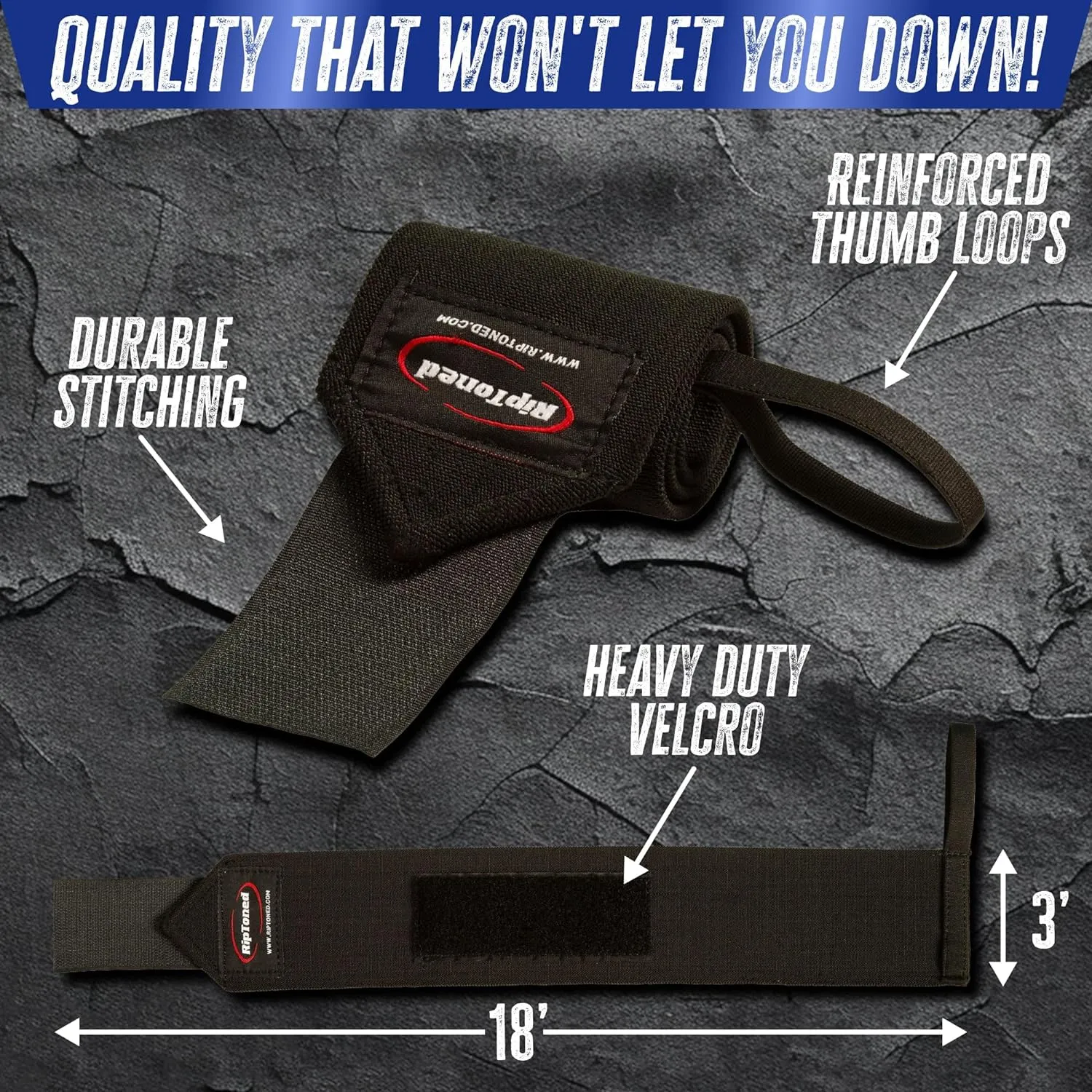 Rip Toned 18” Wrist Wraps - Wrist Straps for Weightlifting - Lift Better, Protect Wrist Pain - Adjustable, Durable, Machine Washable - Wrist Wraps for Weightlifting - USPA Endorsed for Men & Women