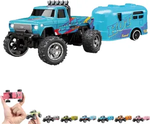 Riprush Mini Monster 1:64 Off-Road LED Alloy Racer, Riprush 360° Flip Alloy Racer, 3-Speed Variable Speed Off-Road Vehicle, with Trailer, with LED and Remote Control (Blue B)