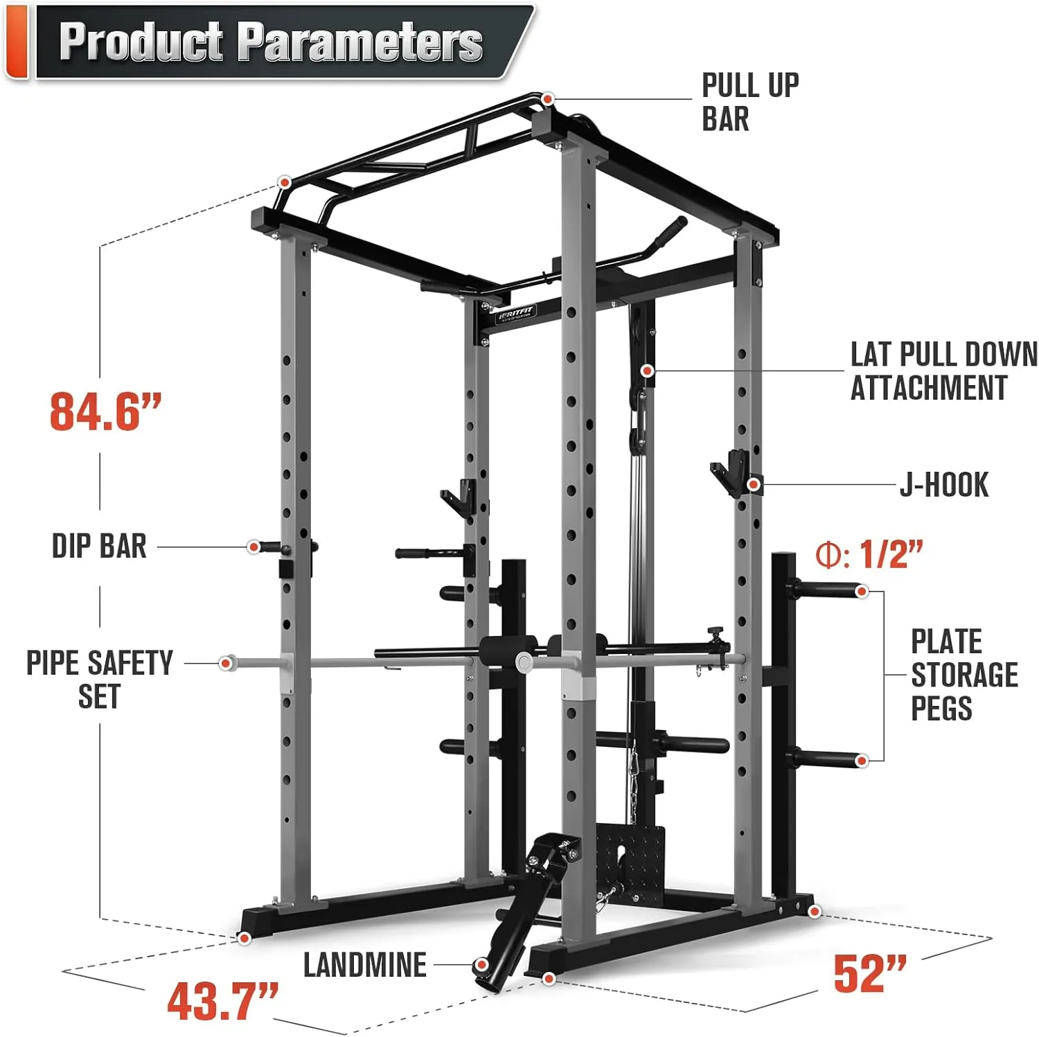 RitFit Power Cage with Optional LAT PullDown/Cable Crossover, 1000LB Squat Rack for Home & Garage Gym, with Weight Storage Rack and More Training Attachments, ASTM-Certified