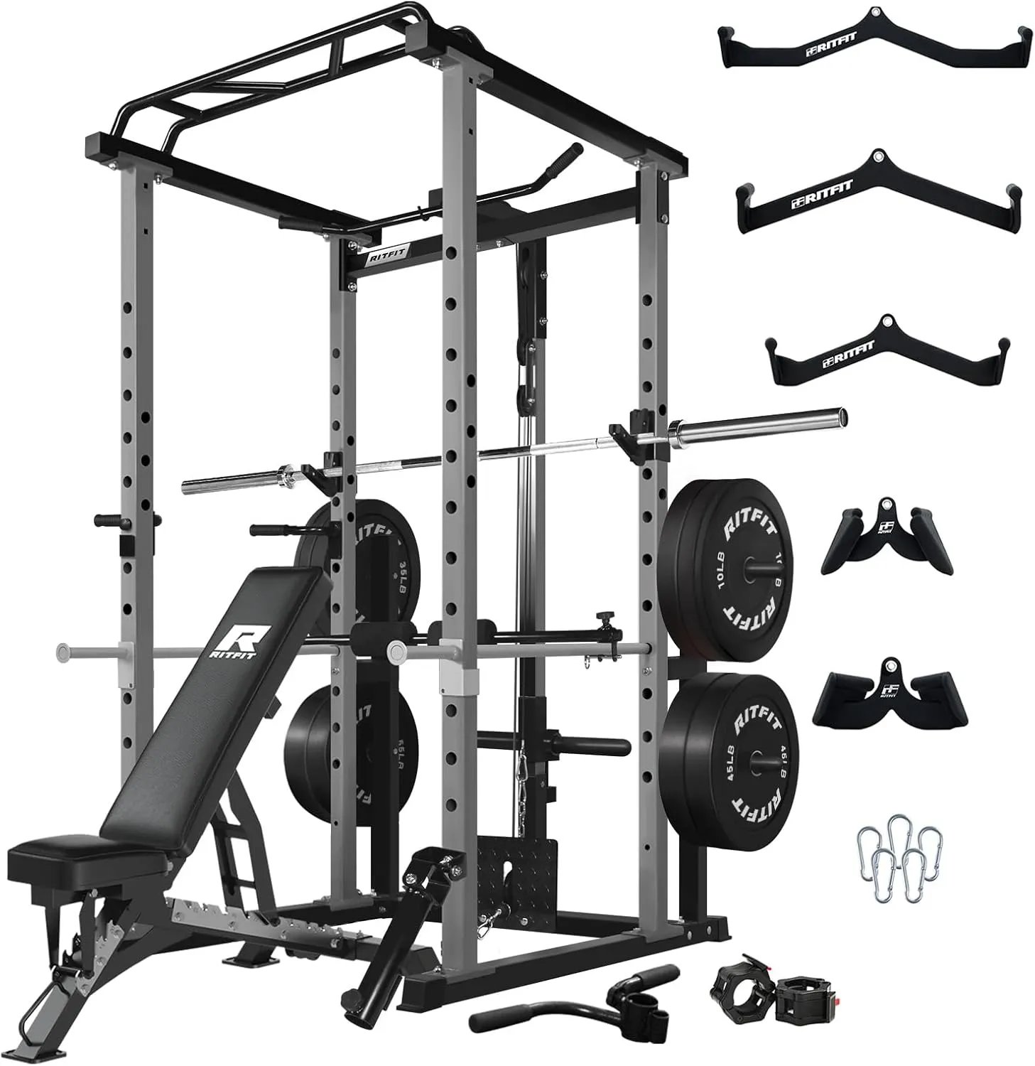 RitFit Power Cage with Optional LAT PullDown/Cable Crossover, 1000LB Squat Rack for Home & Garage Gym, with Weight Storage Rack and More Training Attachments, ASTM-Certified