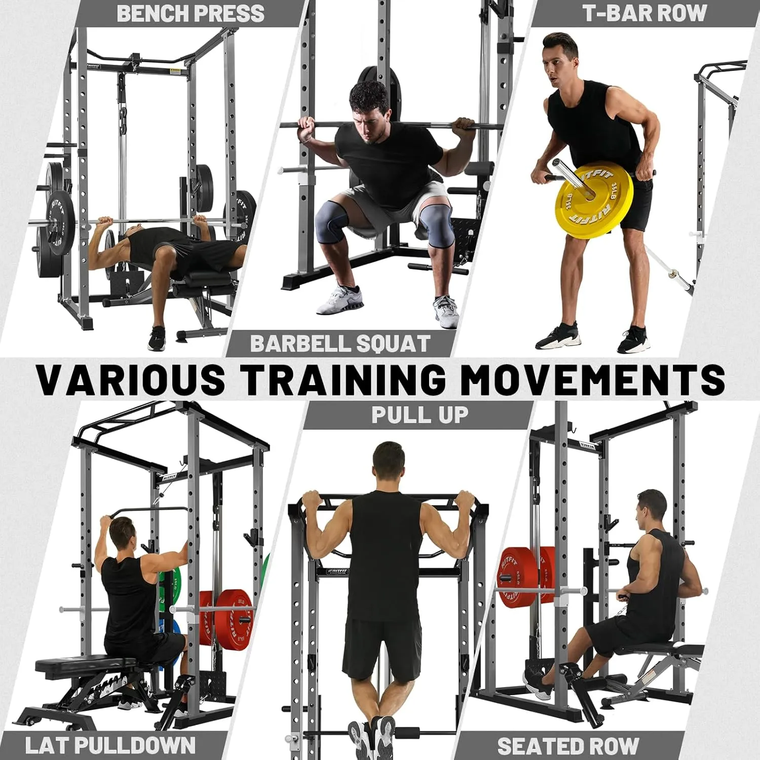 RitFit Power Cage with Optional LAT PullDown/Cable Crossover/Smith Machine System, 1000LB Squat Rack for Home & Garage Gym, with Weight Storage Rack and More Training Attachments, ASTM-Certified