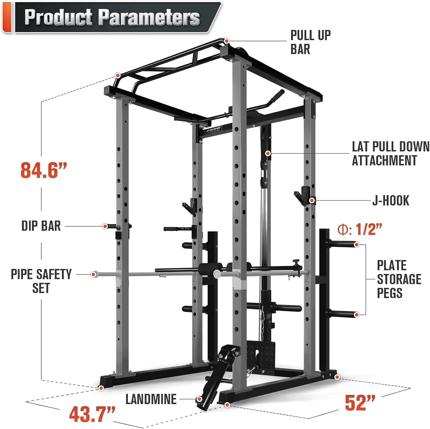 RitFit Power Cage with Optional LAT PullDown/Cable Crossover/Smith Machine System, 1000LB Squat Rack for Home & Garage Gym, with Weight Storage Rack and More Training Attachments, ASTM-Certified