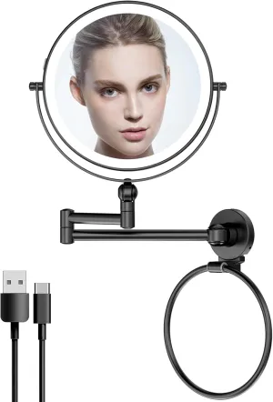 Rocollos Height Adjustable Wall Mounted Makeup Mirror with Towel Ring, Double Sided 1X/10X Magnifying Rechargeable LED Vanity Mirror with Lights 360 Swivel Extendable Arm Lighted Cosmetic Mirror