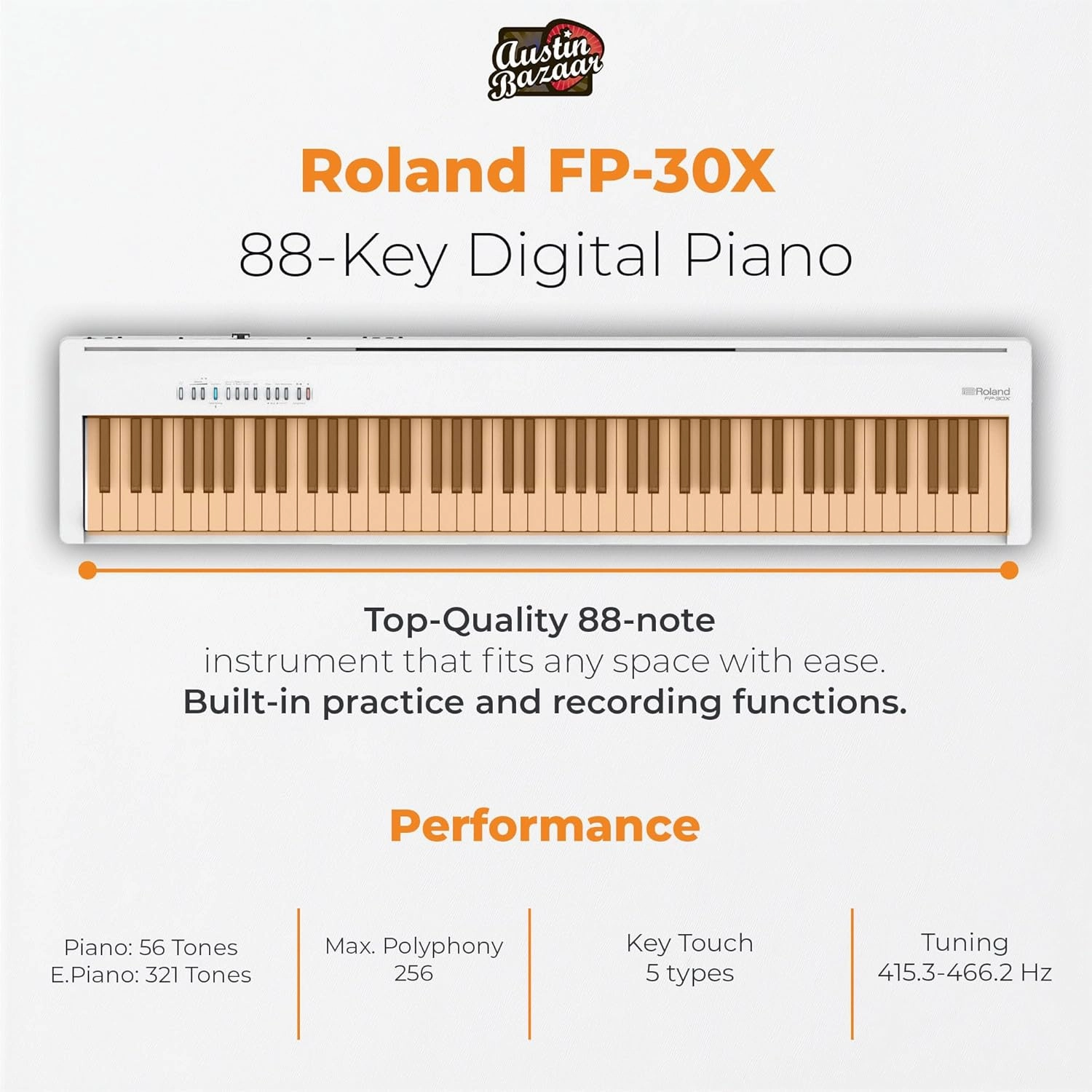 Roland FP-30X 88-Key Digital Piano - White Bundle with Adjustable Stand, Bench, Sustain Pedal, Online Piano Lessons, Instructional DVD, and Austin Bazaar Polishing Cloth