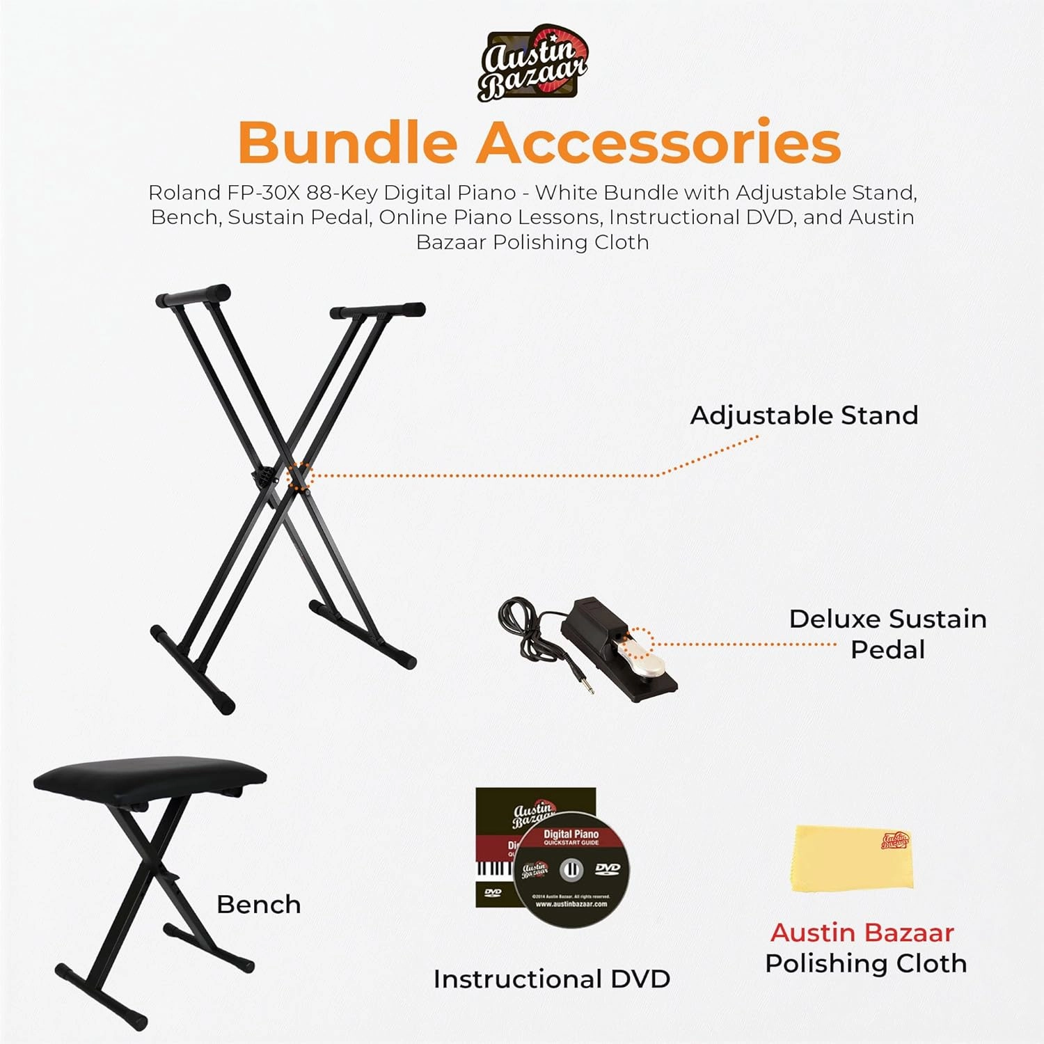 Roland FP-30X 88-Key Digital Piano - White Bundle with Adjustable Stand, Bench, Sustain Pedal, Online Piano Lessons, Instructional DVD, and Austin Bazaar Polishing Cloth