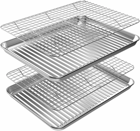 ROTTAY Baking Sheet, Half Sheet Pan with Cooling Rack Set [2 Pans   2 Racks], Stainless Steel Baking Pan for Oven, Warp Resistant & Heavy Duty & Rust Free, Size 18 x 12 x 1 Inches