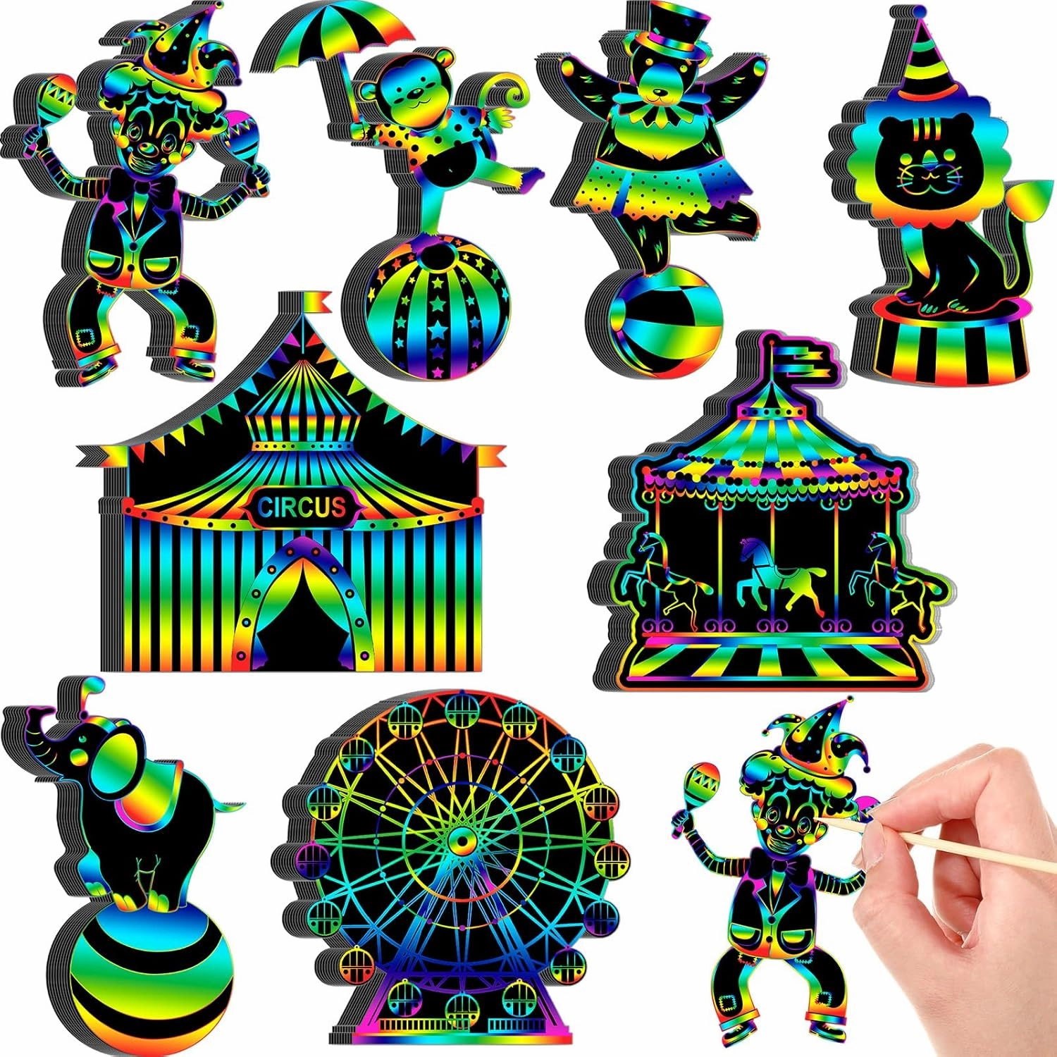 RoundFunny 80 Pcs Carnival Cutouts Scratch Cards Circus Theme Party Crafts Kids Colorful Circus Animals Scratch Paper for DIY with 80 Pcs Stick and Ribbon for Birthday Party Classroom Rewards Art