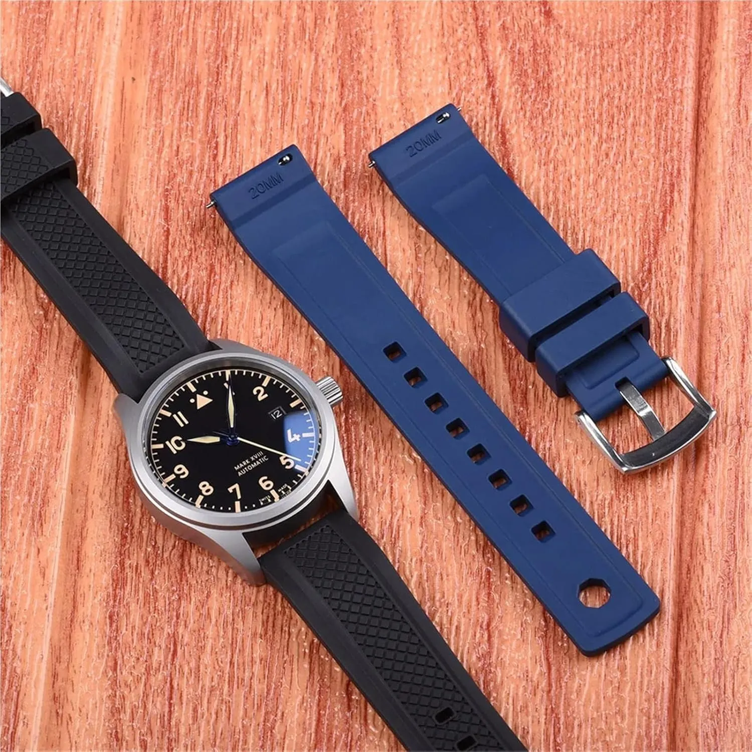 Rubber Watch Strap 20mm 22mm Black Blue Wristband Slide Keeper Ring With Quick Release Sport Watchband