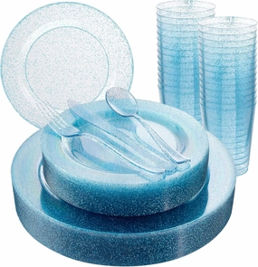 Rubtlamp 180Pcs Blue Glitter Dinnerware Set(30 Guests), Blue Plastic Plate With Glitter Disposable Silverware, Glitter Plate Set Include 30Dinner Platos, 30Dessert Platos, 90Cutlerys, 30Cups for Party