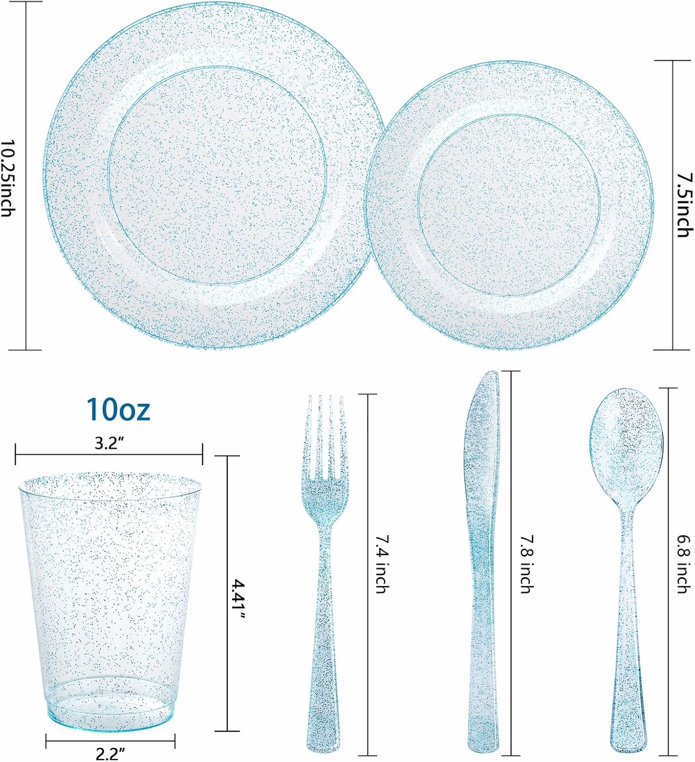 Rubtlamp 180Pcs Blue Glitter Dinnerware Set(30 Guests), Blue Plastic Plate With Glitter Disposable Silverware, Glitter Plate Set Include 30Dinner Platos, 30Dessert Platos, 90Cutlerys, 30Cups for Party