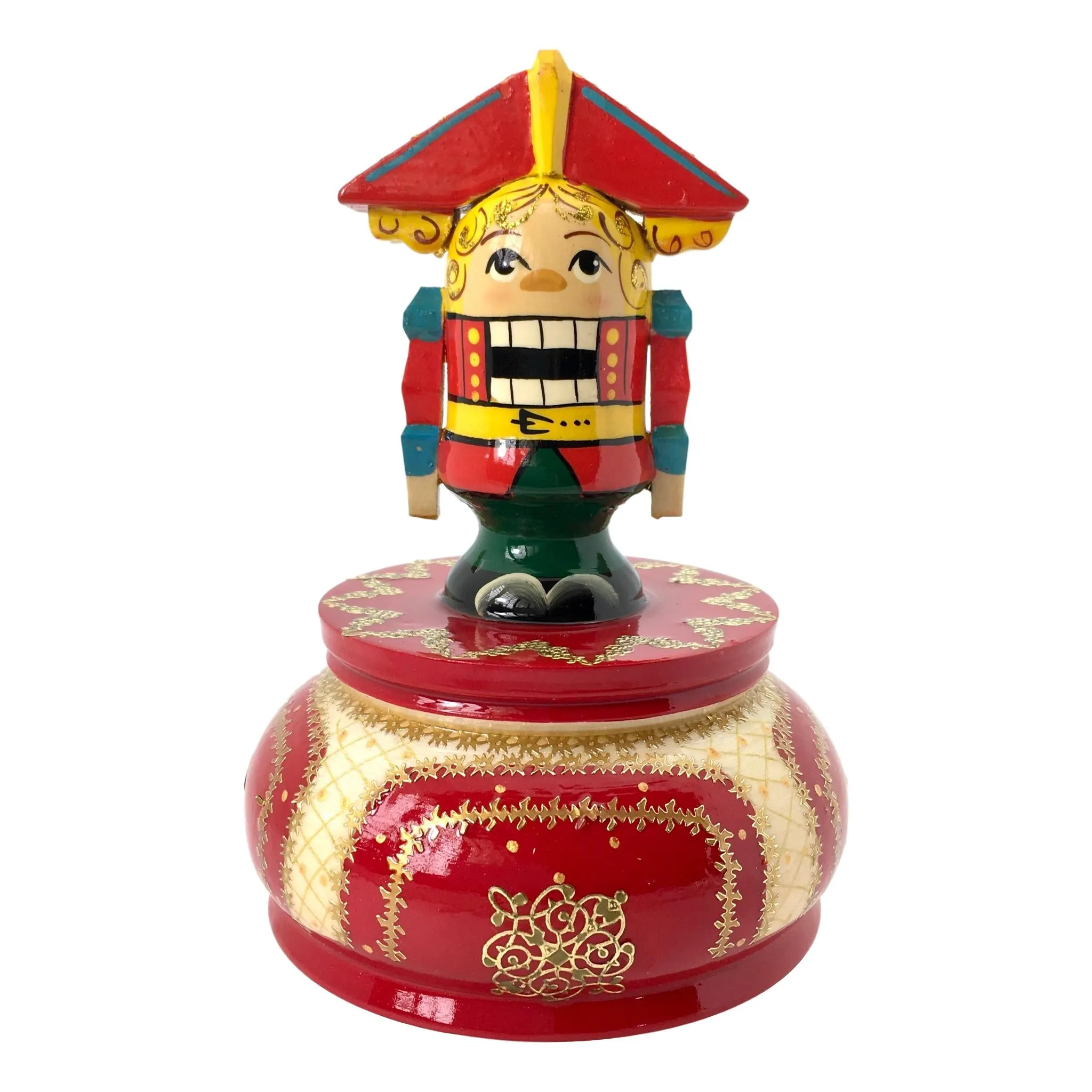 Russian Musical Box Nutcracker Red Wood Figurine