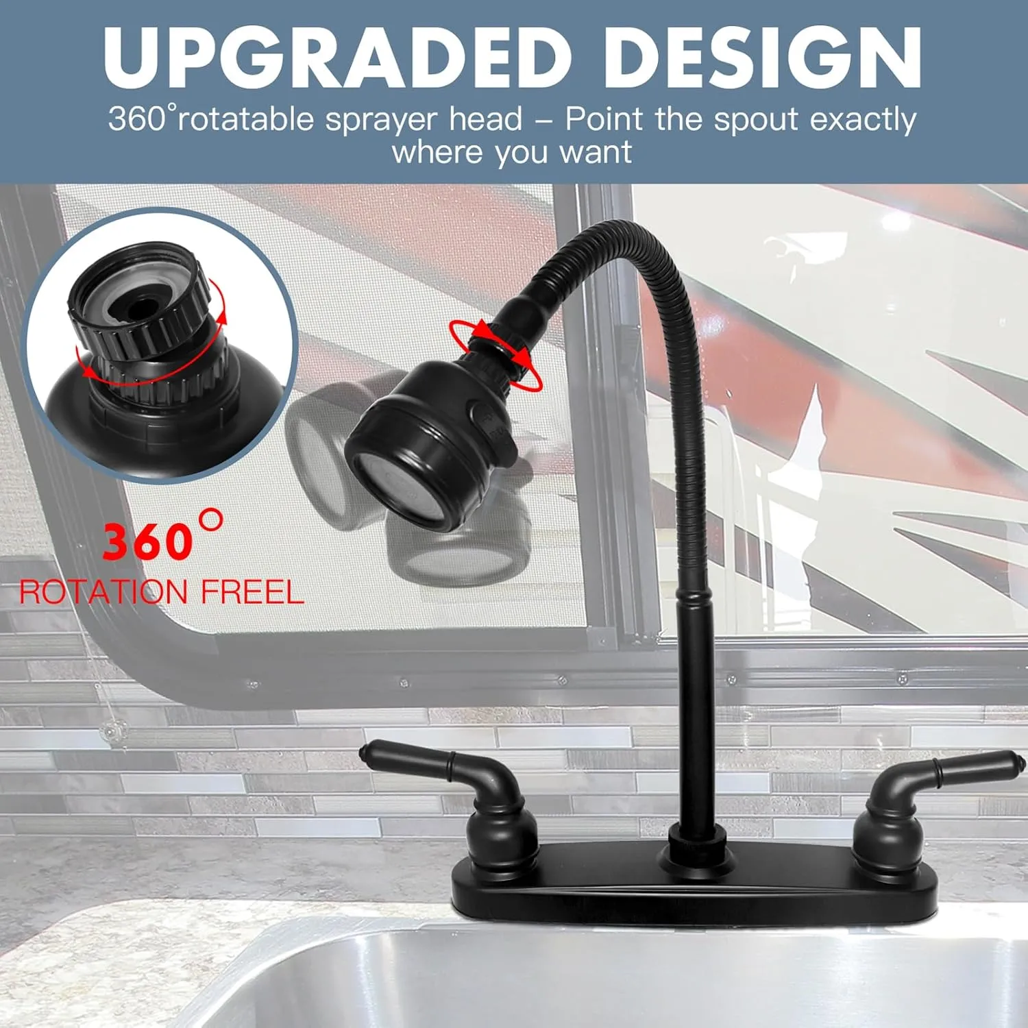 RV Kitchen Faucet,Camper RV Kitchen Sink Faucet Replacement with 2 Handles Flexible Spout 360 Swivel Rotatable Tri-Function Sprayer for Motorhomes,Travel Trailers,8 inch 2 Hole,Non-Metallic,Black