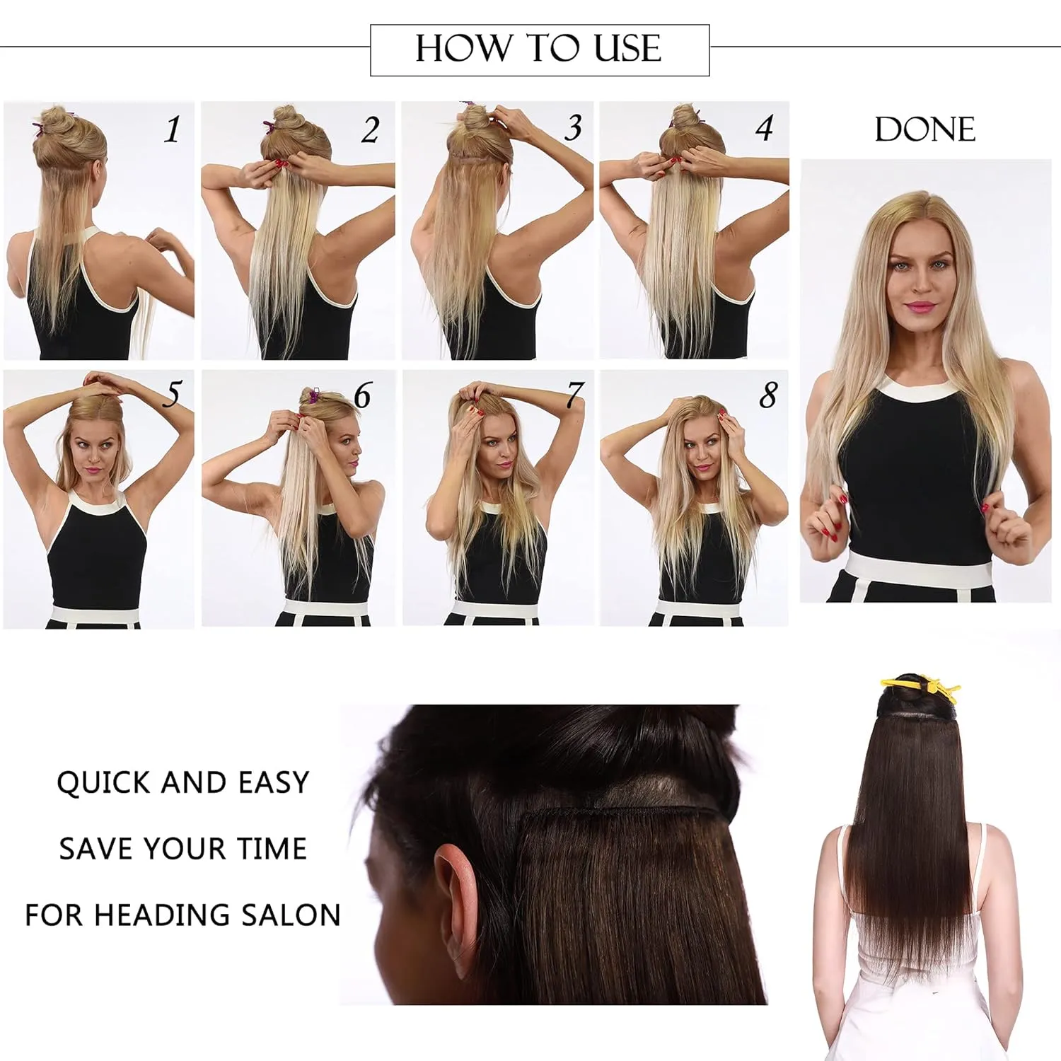 S-noilite Clip in Human Hair Extension 8Inch 18 Clips Short Clip in Hairpieces 45g 8 Pieces Thin Remy Hair For Women With Thin Hair Add Hair Volume Dark Brown