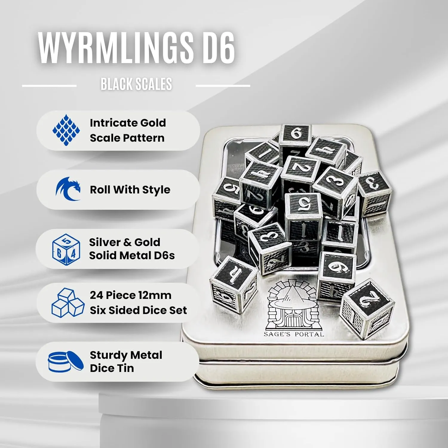 Sage's Portal Unique Metal D6 Dice Set 24 Piece Six Sided Dice for Dungeons and Dragons DND TTRPG Rolepaying Games D6 System Games and TCG Magic The Gathering (Wyrmlings Black Scales)
