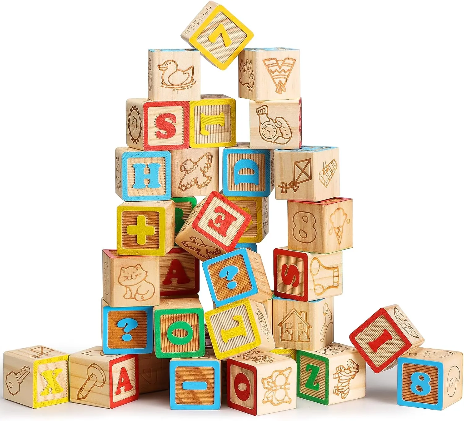 SainSmart Jr. Wooden ABC Blocks 40PCS Stacking Blocks Baby Alphabet Letters, Counting, Building Block Set with Mesh Bag for Toddlers, 1.2 INCH