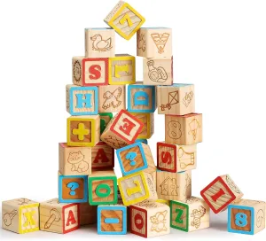SainSmart Jr. Wooden ABC Blocks 40PCS Stacking Blocks Baby Alphabet Letters, Counting, Building Block Set with Mesh Bag for Toddlers, 1.2 INCH