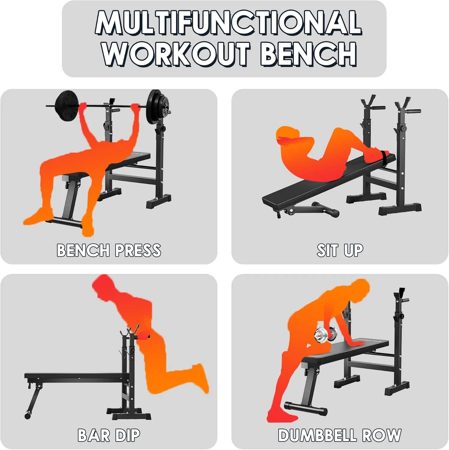 Sandinrayli Adjustable Weight Bench, Folding Bench Press w/Barbell Rack, Full Body Workout Exercise Multi-Function Strength Training for Home Gym