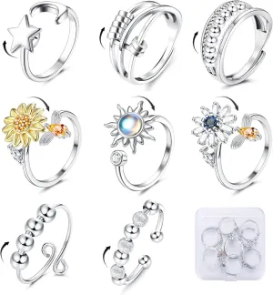 Sanfenly 8Pcs Anxiety Ring for Women Spinner Ring Adjustable Open Fidget Rings for Anxiety Cubic Zirconia Sunflower Daisy Star Moon Bead Stress Relief Spinning Stackable Ring Set with Box