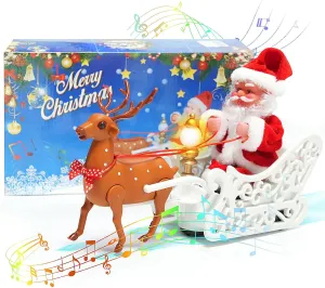 Santa Claus Doll Elk Sled Toy 2024 Christmas Universal Electric Car Pulling Cart with Music, Running Walking Riding Reindeer Singing Xmas Decor Gifts for Children Kids