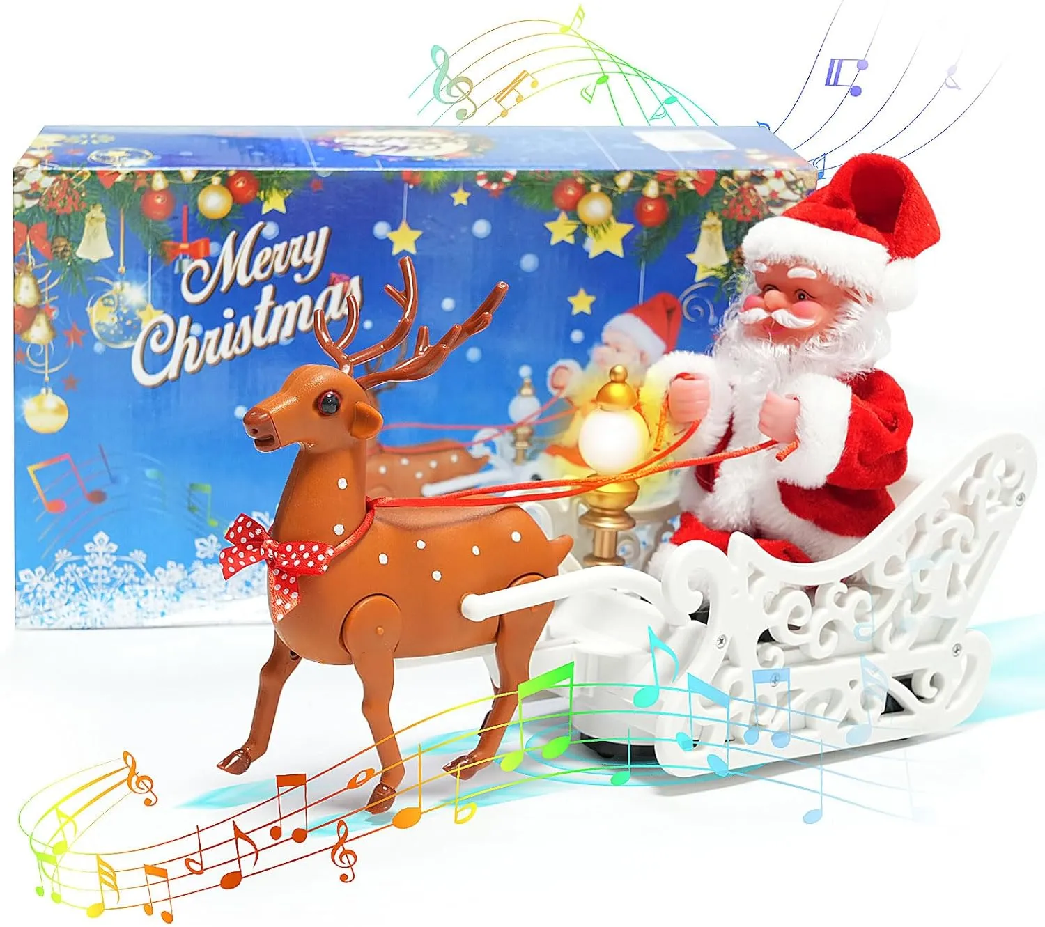 Santa Claus Doll Elk Sled Toy 2024 Christmas Universal Electric Car Pulling Cart with Music, Running Walking Riding Reindeer Singing Xmas Decor Gifts for Children Kids