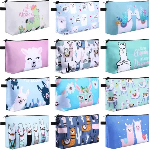 Sanwuta 12 Pieces Cosmetic Bags Makeup Bags Printed Roomy Toiletry Bag Waterproof Beauty Bag Organizer Pouches with Zipper Makeup Accessories for Women(Alpaca Style)