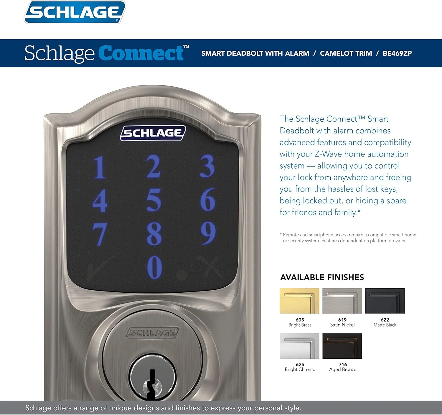 SCHLAGE BE469ZP CAM 716 SCHLAGE Connect Smart Deadbolt With Alarm Inbuilt Camelot Trim In Aged Bronze.