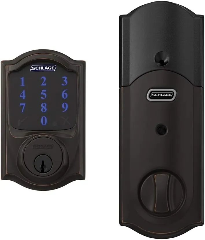 SCHLAGE BE469ZP CAM 716 SCHLAGE Connect Smart Deadbolt With Alarm Inbuilt Camelot Trim In Aged Bronze.
