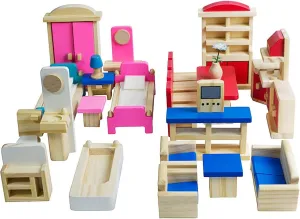 Seanmi Wooden Dollhouse Furniture - 5 Sets, 1:12 Scale Doll House Furnishings, 35 Pieces of Dollhouse Accessories (Living Room, Kitchen, Dining Room, Bedroom, Bathroom)