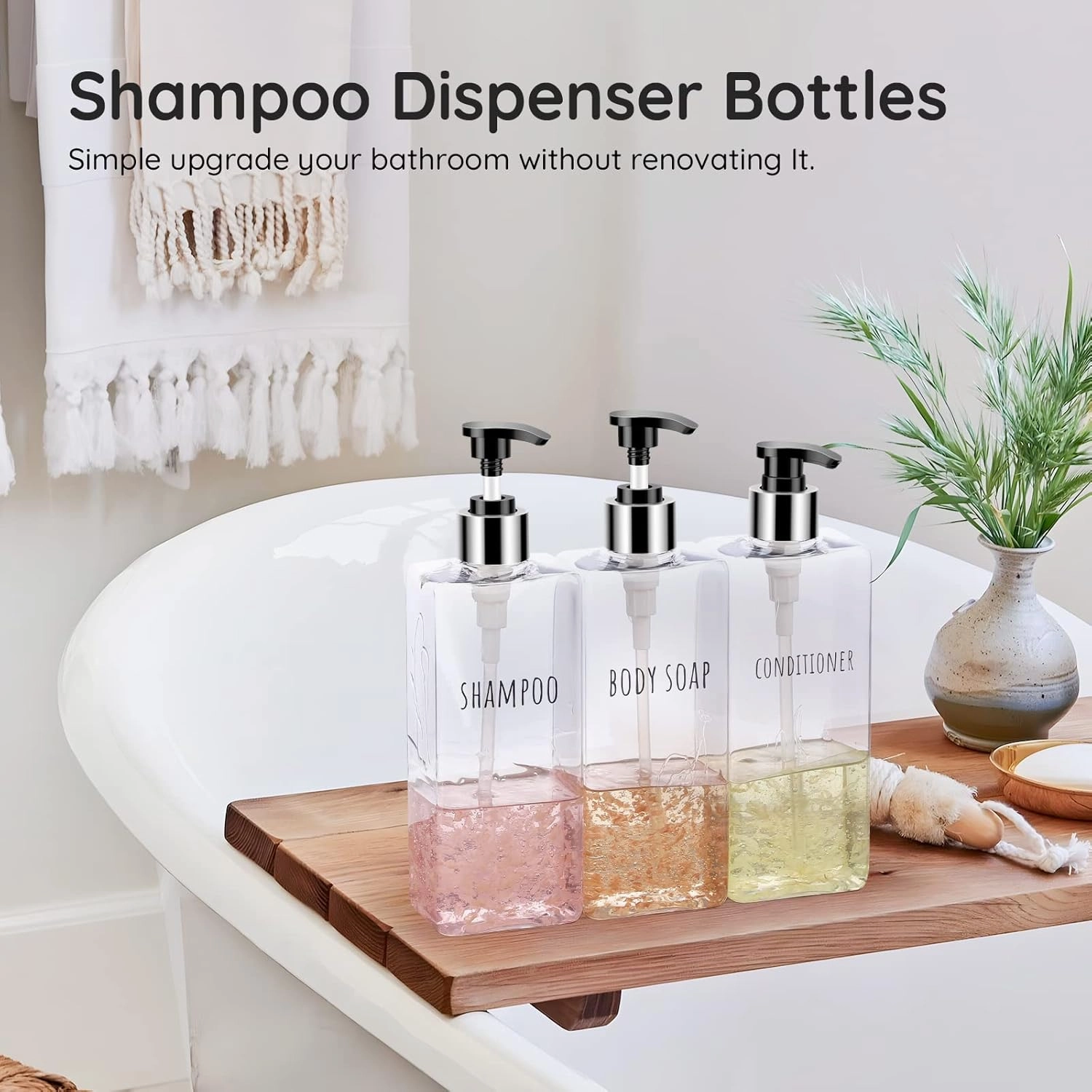 Segbeauty 3pcs Clear Soap Dispenser, 16.9oz Refillable Shampoo Conditioner Bottles, 500ml Empty Plastic Square Body Wash Dispenser for Shower Bathroom Press Pump Bottle Liquid Container Set